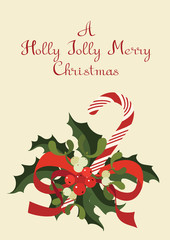 Christmas seasonal greeting card with candy cane. A Happy Joyful Merry Christmas