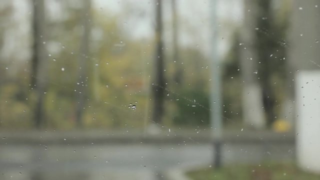 droplets on a windshield on the day snow with rain. blured background