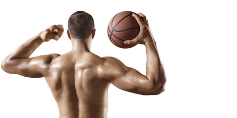 Basketball player hold a basketball ball. Isolated basketball player on a white background. Basketball player with a naked torso and pumped muscles. Player wears unbranded clothes.