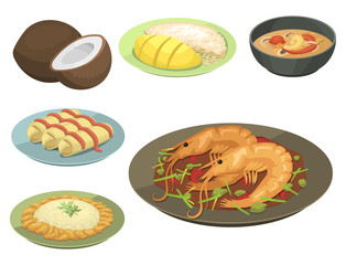 Traditional National thai food thailand asian plate cuisine seafood prawn cooking delicious vector illustration.