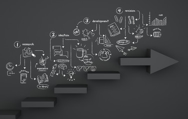 3d Staircase arrow with drawing business sketch.