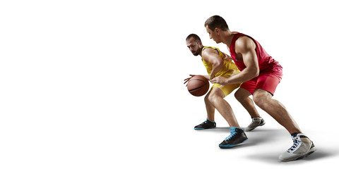 Two basketball players fight for the basketball ball. Isolated basketball players on a white background. Player wears unbranded clothes.