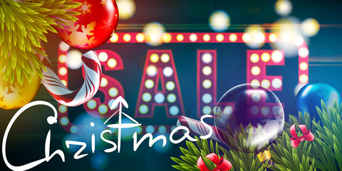 Christmas SALE vector ads banner background with fir tree branches color bulbs for winter New 2018 Year wholesale advertising illustration flyer and postcard design