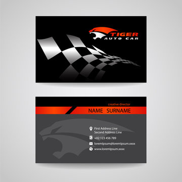 Business Card Black And Orange With Checkered Flag And Tiger Logo Sign Vector Design For Transportation Car Racing Sport And Car Wash Or Auto Car Or Engineer Car