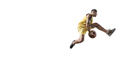 Fototapeta na wymiar Basketball player makes slam dunk. Isolated basketball player on a white background. Player wears unbranded clothes.