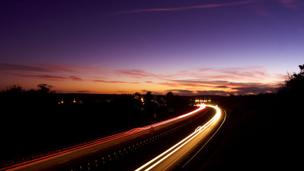 Light trails on a clear evening in October, under a harvest moon