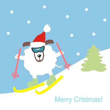 Dog skiing in the mountains. Symbol of the year 2018. Happy New Year and Merry Christmas! Greeting card. Vector illustration.