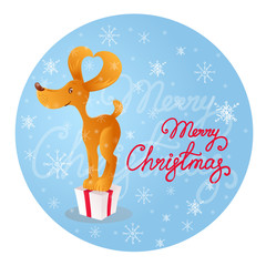 Cute smiling yellow dog standing on the gift box. Blue background with snowflakes. Merry Christmas.