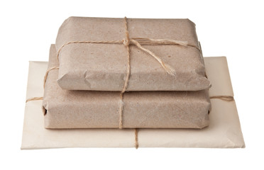 pile parcel wrapped with brown kraft paper