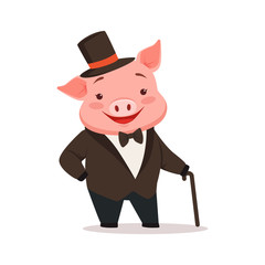 Cute happy pig dressed up in black tuxedo and hat standing with walking stick, funny cartoon animal dressed in human clothes vector Illustration