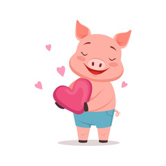 Naklejka premium Cute happy pig holding pink heart, funny cartoon animal vector Illustration