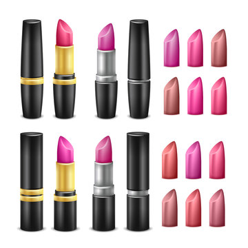 Realistic Lipstick Set Vector. Black, Gold And Silver Tubes. For Woman Lips Make Up. Isolated Illustration