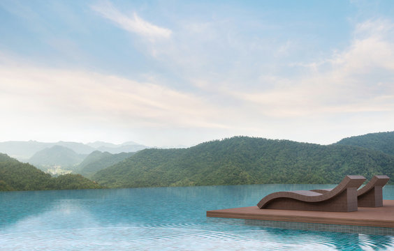 Swimming pool terrace with mountain view 3d rendering image.Furnished with rattan and wooden furniture. There are surrounding with nature and mountain