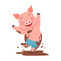 Cute happy pig jumping in a dirty pool, funny cartoon animal vector Illustration