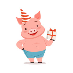 Cute pig in party hat holding gift box, funny cartoon animal vector Illustration