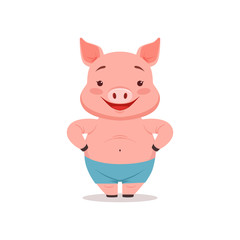 Cute smiling pig, funny cartoon animal vector Illustration