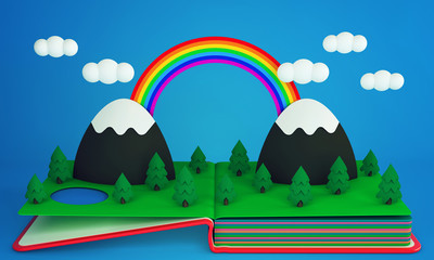 Pop up book with a rainbow over mountain peaks and coniferous forest. 3D rendering - 175614190