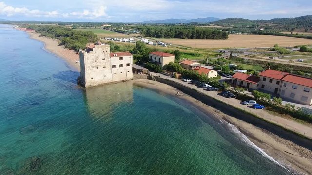 Aerial view of Torre Mozza and ocean beach.