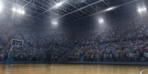 Professional basketball arena in 3D. Big basketball stadium with a lot of fans, bright light and a...