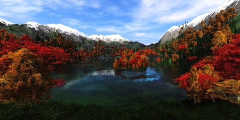 Obrazy na Plexi  górskie jezioro, ośnieżone szczyty, górski krajobraz, jesień w górach