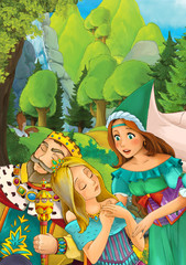 Obraz na płótnie Canvas Cartoon scene of beautiful wedding pair prince and princess in the forest - illustration for children
