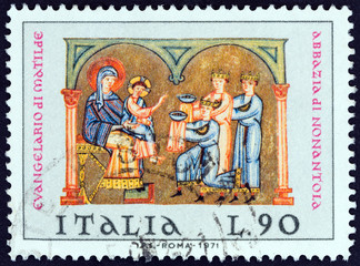 The Adoration of the Magi, miniature from Matilda's Evangelarium, Nonantola Abbey, Modena (Italy 1971)