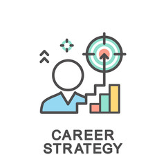 Icons of career ladder progress and corporate advancement process. Career strategy. The thin contour lines with color fills.