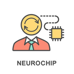 Icon neurochip. A chip with built-in brain cells controls the nerve impulses. The thin contour lines with color fills.
