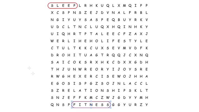 Finding Healthy Lifestyle word search puzzle with associated words circled in red