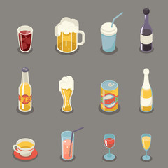 Isometric Retro Flat Alcohol Beer Juice Tea Wine Drink Icons and Symbols Set Vector Illustration