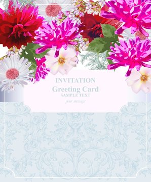 Invitation Card vector. Colorful flowers. Fuchsia pink colors