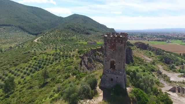 Caprona Tower, aerial view of Pisa countryside.
