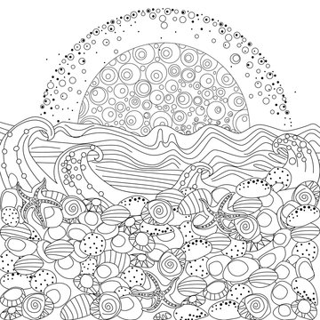 sea landscape with sunrise for coloring book
