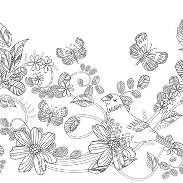 seamless border with cute bird on swirl floral twig for your col