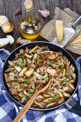 fried Boletus mushrooms in frying pan