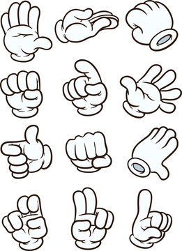 Cartoon gloved hand in different poses. Vector clip art illustration. Each in a separate layer.