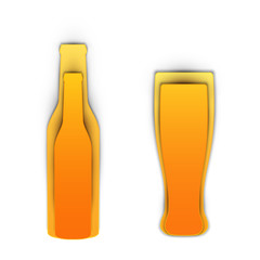 Cartoon bottle and glass for alcohol or liquid in paper cut trendy craft style. Modern design for advertising, branding greeting card, cover, poster, banner. Vector illustration.