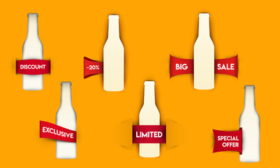 Set of silhouette bottle with red ribbon in paper cut trendy craft style. Template voucher, coupon, banner or sticker for design branding, advertising, promote. Vector illustration.