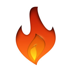 Paper cut cartoon fire flame in realistic trendy craft style. Modern origami design. Concept for greeting card, cover, poster, banner backgrounds. Vector illustration.