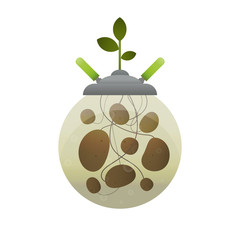Large bush of fresh potatoes. Creative inspiration concept with futuristic technology mechanical device and natural organic products. Vector illustration.