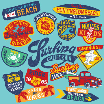 California surfing vector collection of patches and labels for children print or embroidery