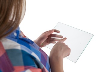 Girl using a glass digital tablet against white background