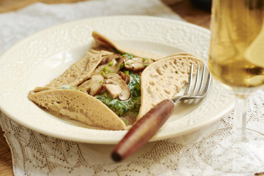 Spinach mushroom buckwheat crepes