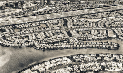 Dubai aerial view of homes near artificial canals