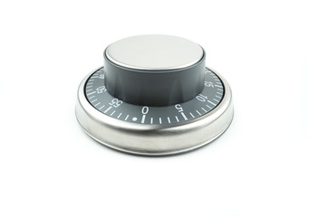 Chrome control knob / dial / button on a white background with text space. Potential use as a timer, thermostat, countdown indicator, launch button or bank safe vault entry dial.