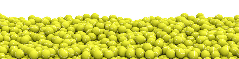 Tennis balls pile panorama / 3D illustration of panoramic view of hundreds of tennis balls