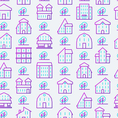 Real estate seamless pattern with thin line houses and trees. Modern vector illustration for background of banner, web page, print media.