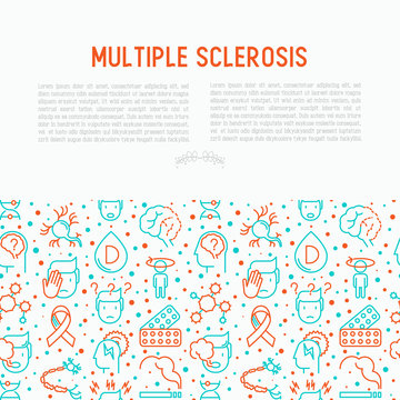 Multiple sclerosis concept with thin line icons of symptoms and treatments: disorientation, heredity, neuron myelin sheaths, vitamin D. Vector illustration for banner, web page.