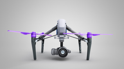 White drone quadrocopter with photo camera flying in the blue sky Concept of aero film 3d render on grey