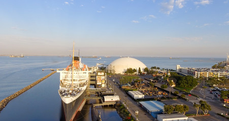 Naklejka premium Aerial view of RMS Queen Mary ocean liner, Long Beach, CA